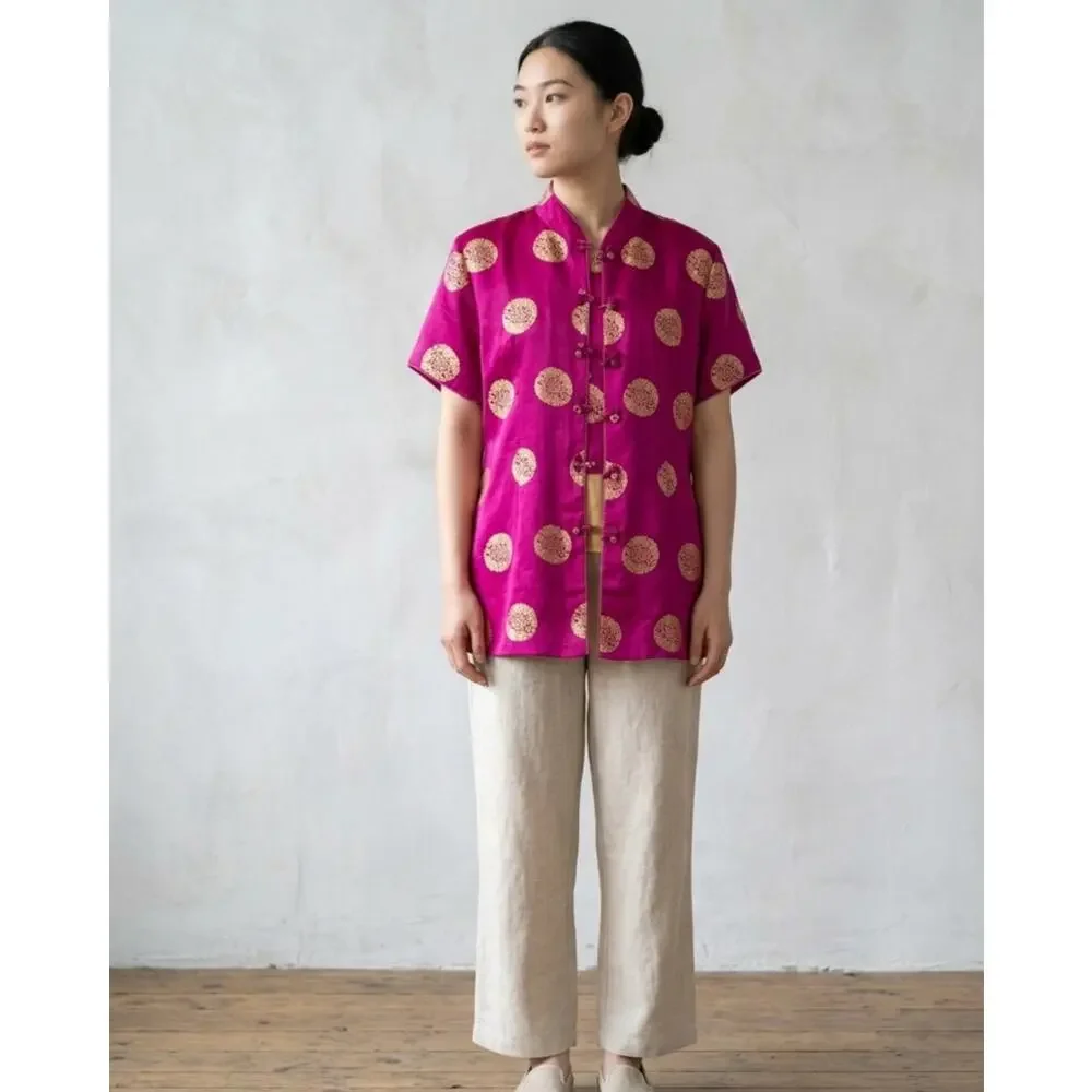 Vintage 2002 Silk Chinese Tang Jacket - Magenta & Gold Longevity